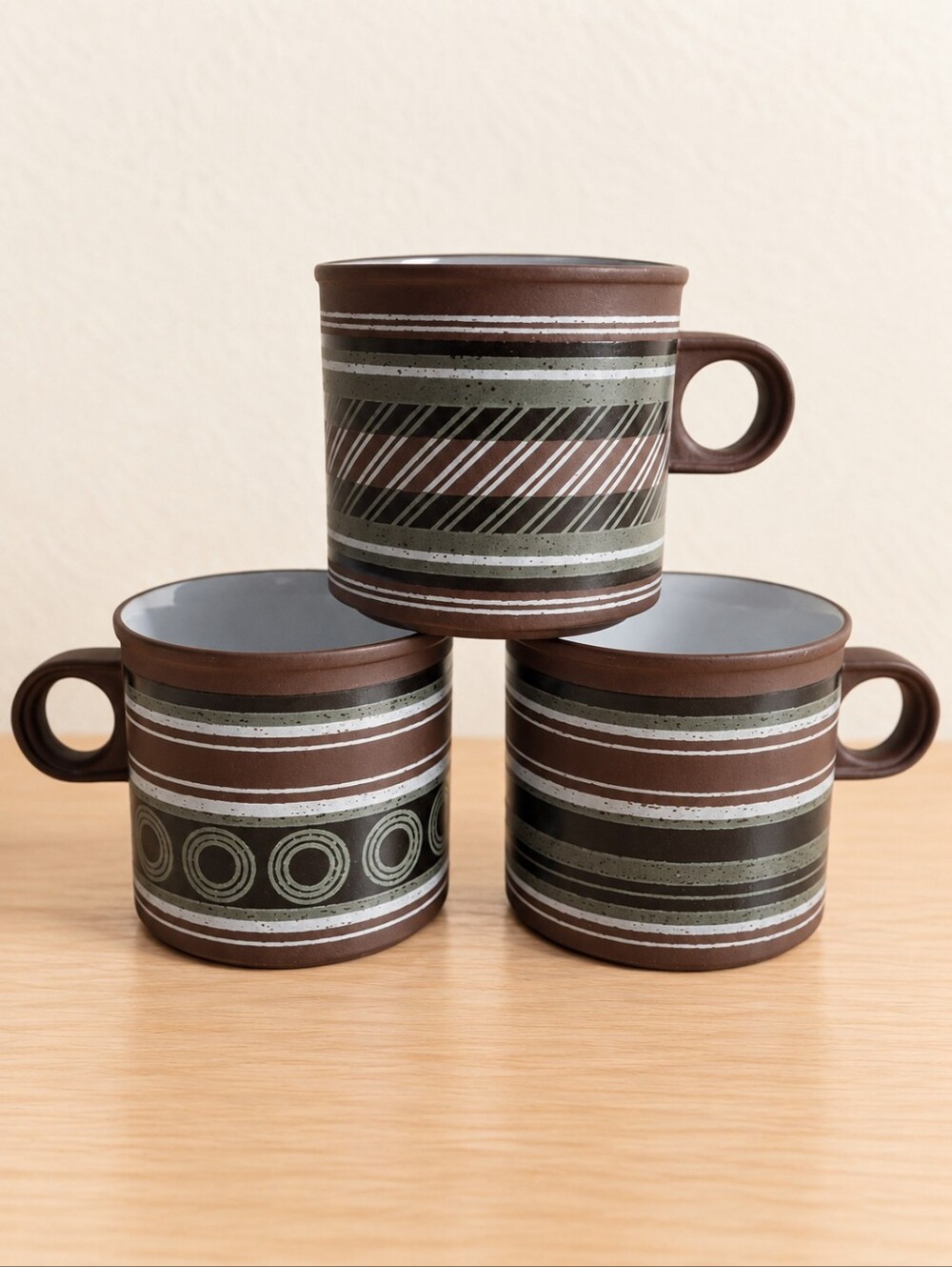 Hornsea Lancaster Vitramic Mugs 1977 Brown Geometric MCM England Lot of 3
